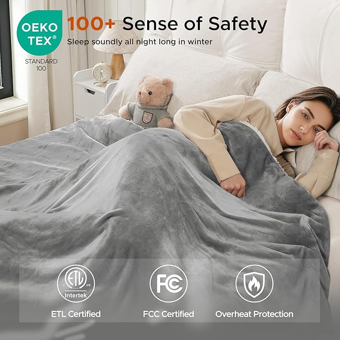 Heated Blanket 72"x84" Full Size, Dual-Sided with Soft Flannel & Sherpa Fabric, Electric Blanket with 9 Heating Levels & 2-10 Hours Auto Off, Machine Washable, Light Gray