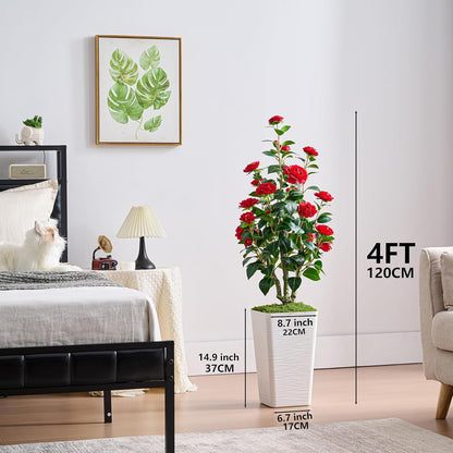 Artificial Camellia Tree 4FT Faux Trees Indoor Fake Floral Plant Blooming Tree with Red Flowers & White Tall Planter, Faux Camellia Plants for Porch Home Room Bedroom Office Front Door Outdoor Decor