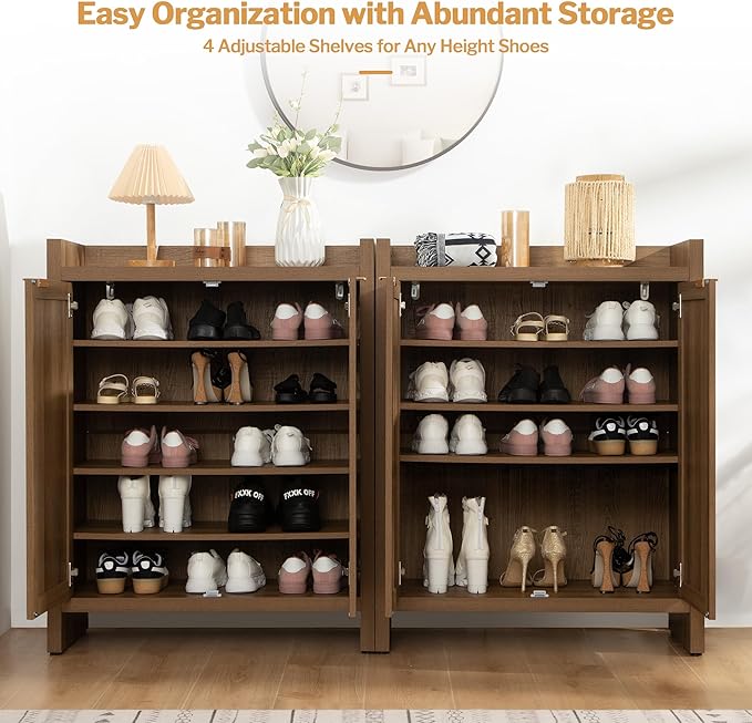 SICOTAS Shoe Cabinet Set of 2, Large Capacity Shoe Storage Organizer Cabinet, Tall Rattan Shoe Cabinet with Doors and Shelves, 6-Tier Farmhouse Boho Wooden Storage Cabinet for Entryway Hallway