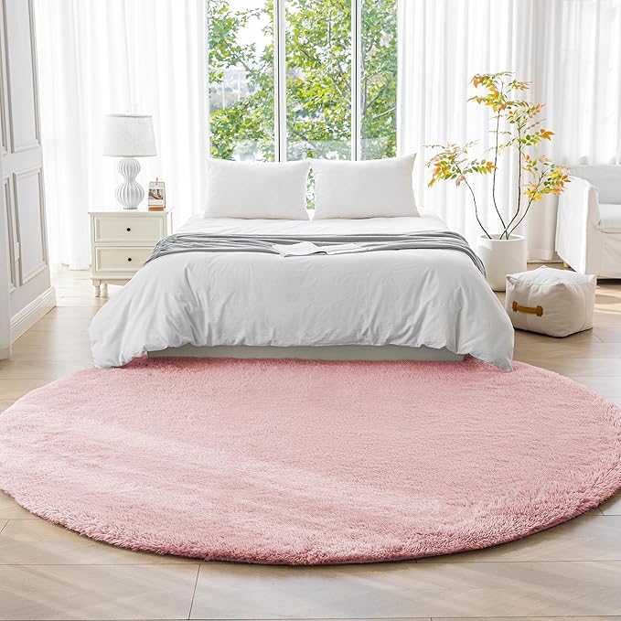 Amazon Basics Fluffy Washable Round Area Rug, Circle Shaggy Carpet for Living Room, Bedroom, Nursery, 6'R, Pink