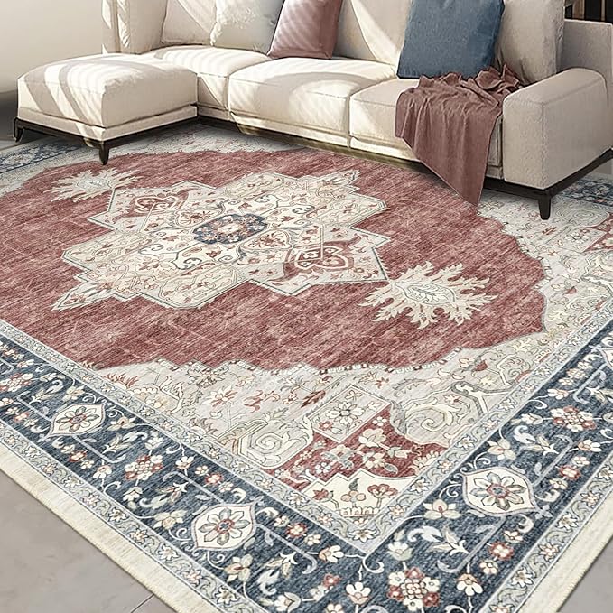 9X12 Washable Vintage Area Rug Boho Chic Medallion Distressed Design Non-Shedding Easy Care Ideal for High Traffic Areas in Living Room Bedroom Office Large Carpet (Brick/Beige, 9x12)