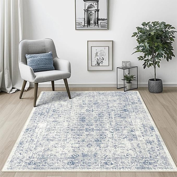 vivorug 9x12 Area Rugs for Living Room, Non Slip Machine Washable Vintage Rug, Ultra-Thin Lightweight Large Area Rug for Bedroom, Dining Room, Low Pile Blue