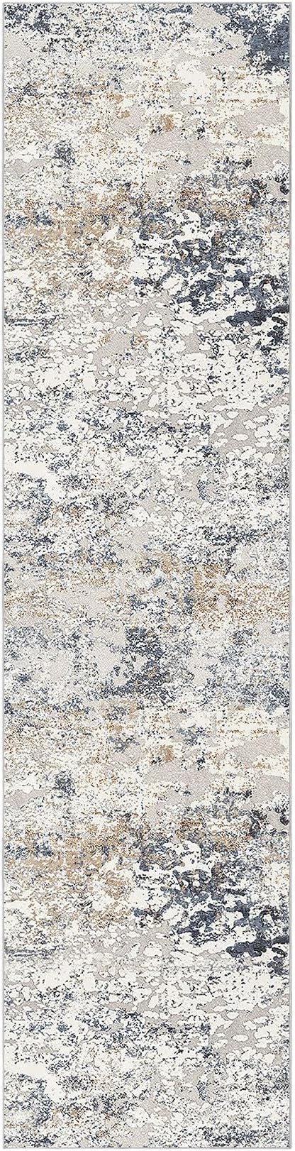 Washable Runner Rug for Hallway: 2.6x10 Neutral Modern Abstract Low Pile Area Rug with Non-Slip Backing - Carpet for Bedroom Kitchen Laundry Entryway Bathroom Indoor - Beige Blue
