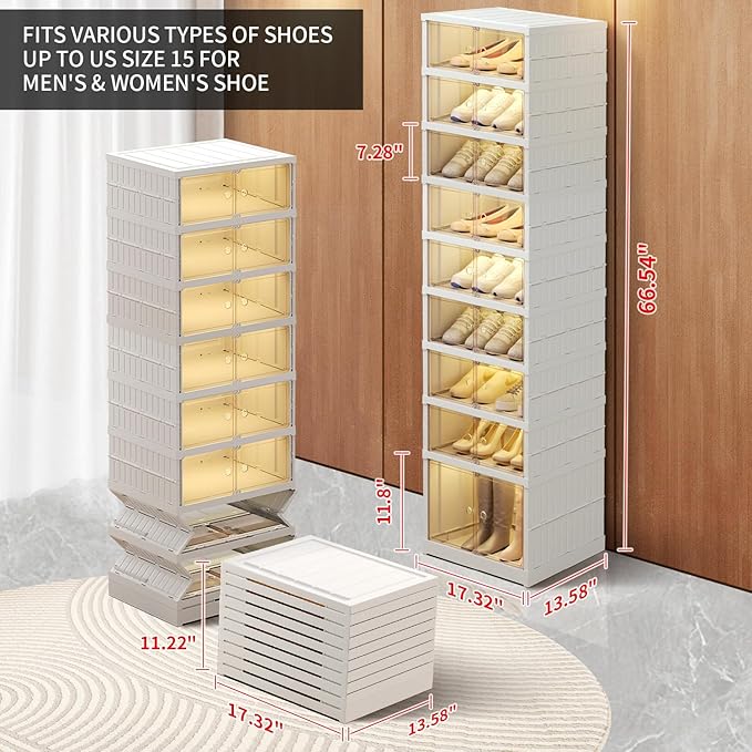 9-Tier Foldable Shoe Rack Organizer for Closet 18Pairs Plastic Shoe Shelf Collapsible Shoes Storage Box Clear Shoe Boxes Stackable with Door Easy Assembly Shoe Cabinet with Lids Large