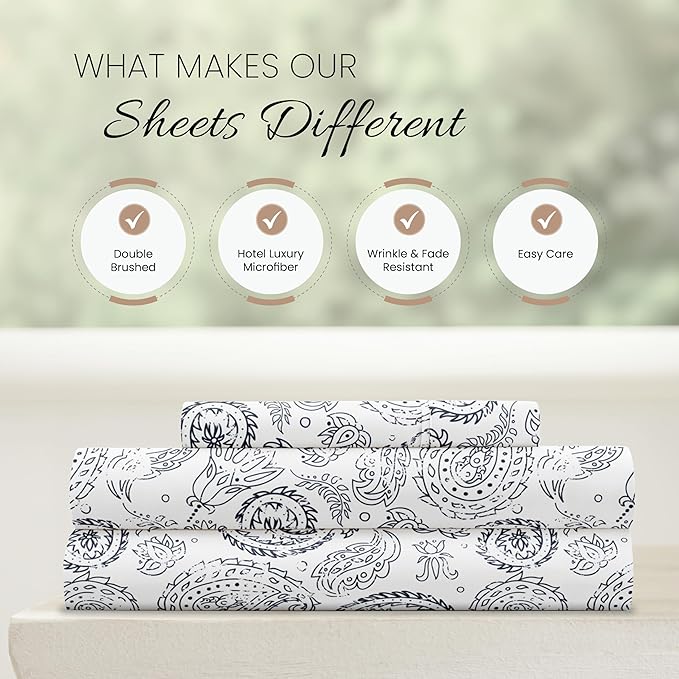 Linen Market Double-Brushed Patterned Microfiber Twin Sheet Set 3 Piece – Oeko-TEX Certified Ultra Soft & Wrinkle-Free - 16" Deep Pocket Sheets - Easy Care Twin Size - Coarse Paisley Navy