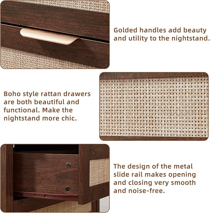 LEYAOYAO 31.5" Wide Rattan Night Stand, Large Boho Nightstand, Bedside Table with Storage, Tall Bed Side End Tables, Chest of Drawers for Bedroom, Living Room, Hallway（Walnut,2 Drawers with Charger,2）