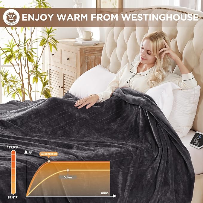 Westinghouse Heated Blanket, Electric Throw Blanket with 10 Heating Levels, 12 Hours Auto Off, Overheat Protection, Machine Washable, Flannel (Twin, 62x84 Inches, Charcoal)