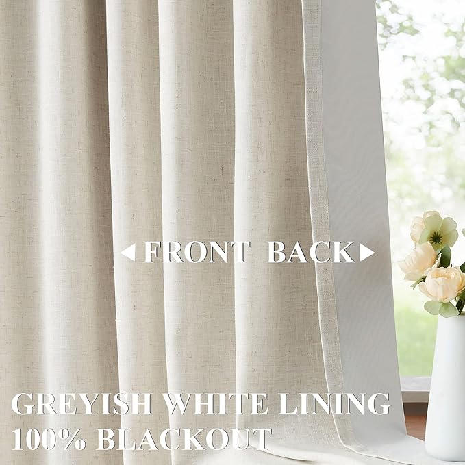 Vision Home Natural Linen Full Blackout Curtains for Bedroom Living Room Darkening Soundproof Window Curtains 102 inch Thermal Insulated Rod Pocket Back Tab Linen Drapes 2 Panels 56" Wx102 L