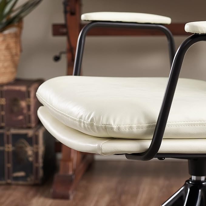 Art Leon Desk Chair No Wheels, Set of 2, Mid Century Modern Swivel Chair with Oak Wood Legs, Faux Leather Home Office Desk Chairs for Bedroom Living Room, Off White