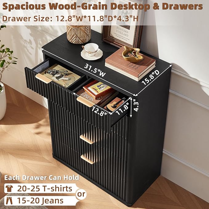 LEYAOYAO Fluted 6 Drawers Dresser for Bedroom, 42" Tall Modern Chest of Drawers with Metal Handle, Curved Profile Design,Black Wood Drawer Organizer for Bedroom, Living Room, Hallway, Entryway