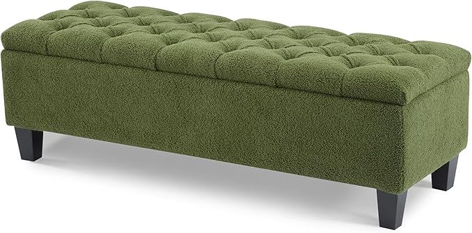 GDFStudio Boucle Storage Ottoman Bench with Button Tufting, 50.75” Upholstered Entryway Bench with Hidden Storage, Soft Close Lid, Rubberwood Legs, Extra Seating for Bedroom, Living Room – Green