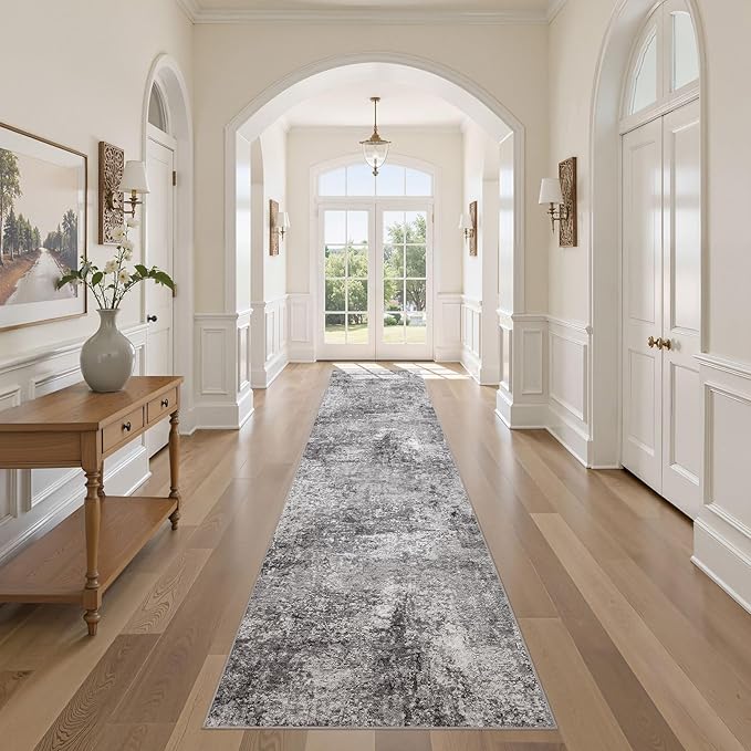 Washable Runner Rug for Hallway: 2.6x12 Neutral Modern Abstract Low Pile Area Rug with Non-Slip Backing - Carpet for Bedroom Kitchen Laundry Entryway Bathroom Indoor - Grey
