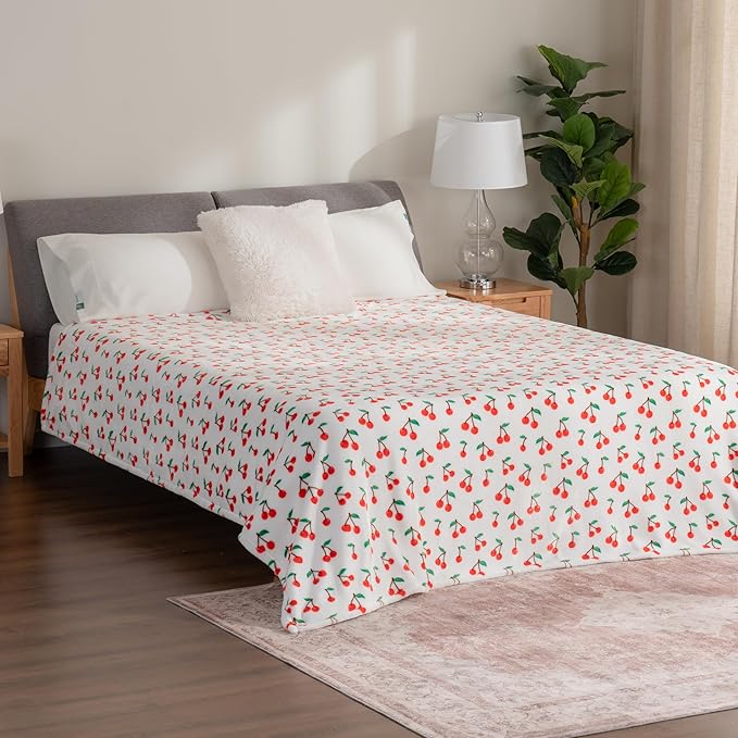 Berkshire Blanket-Classic Heavyweight Soft Printed VelvetLoft® Plush Warm Blanket, Twin Size Soft Fuzzy Blanket for Couch Sofa Bed, Cherries Toss White, 60in x 90in