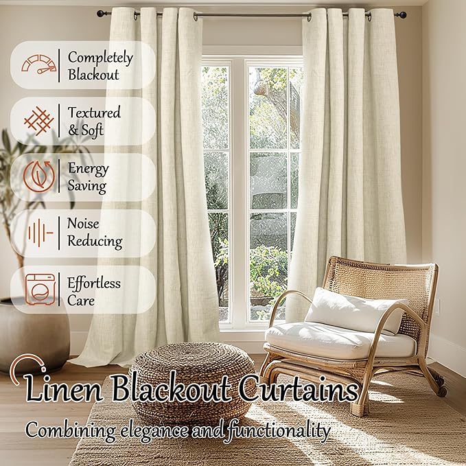 60 Inch Wide Linen Blackout Curtains for Living Room/Bedroom 84 Inch Length 2 Panels, Total Black Out Thermal Insulated Soundproof Grommet Boho Window Drapes White Liner for Modern Farmhouse, Cream