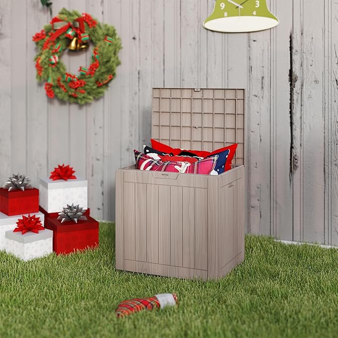 35 Gallon Small Waterproof Outdoor Storage Box, Resin Deck Box Lockable for Patio Furniture, Garden Tools, Pool Accessories, UV-Resistant for All Weather Use, Greige