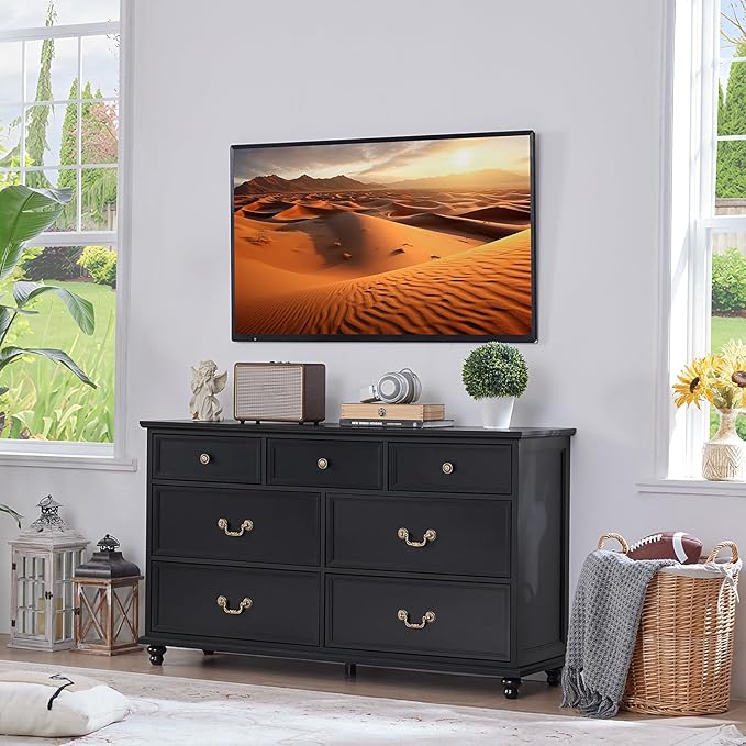 Farmhouse Furniture Set, Nightstands Set of 2 and 7 Drawers Dresser for Bedroom, 54 Inch Wide Wood Dresser and 24" Night Stands with Charging Station for Bedroom, Living Room, Hallway