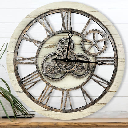 The B-Style Large Wall Clock 24 inch Moving Gear Wall Clock Oversized Vintage Farmhouse Wall Clocks for Living Room Decor Rustic Industrial Wood Clock (Desert Beige, 24 inch/60cm)