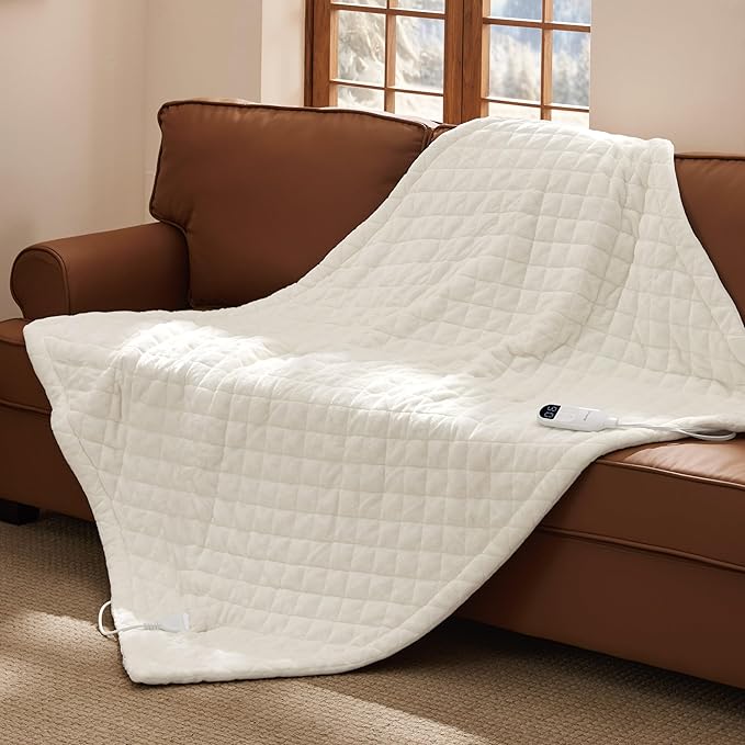 Bedsure Heated Blanket Throw Blanket - Quilted Electric Blanket, Soft Flannel Thick Heating Blanket with 4 Time Settings & 6 Heating Settings, Warm Gifts for Women Men (50x60 inches, Ivory)