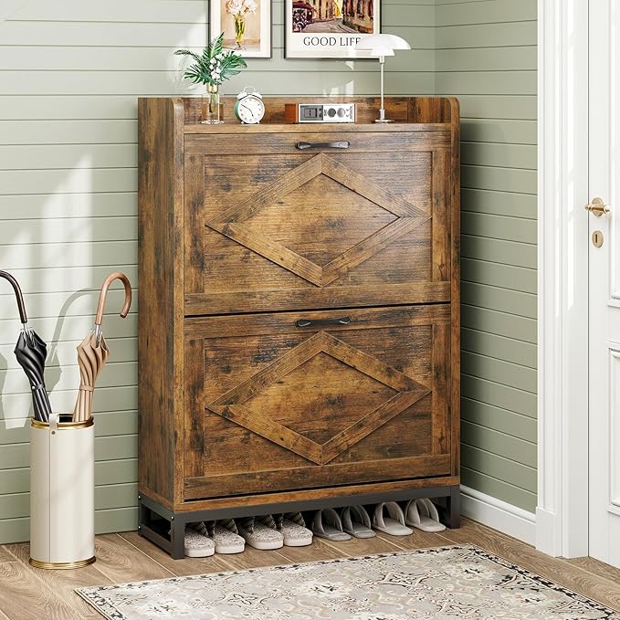 Shoe Cabinet, Shoe Storage Cabinet with 2 Flip Drawers & Adjustable Shelf, Space-Saving Shoe Organizer – Holds 12+ Pairs, Narrow Shoe Cabinet Storage for Entryway/Hallway（Brown）