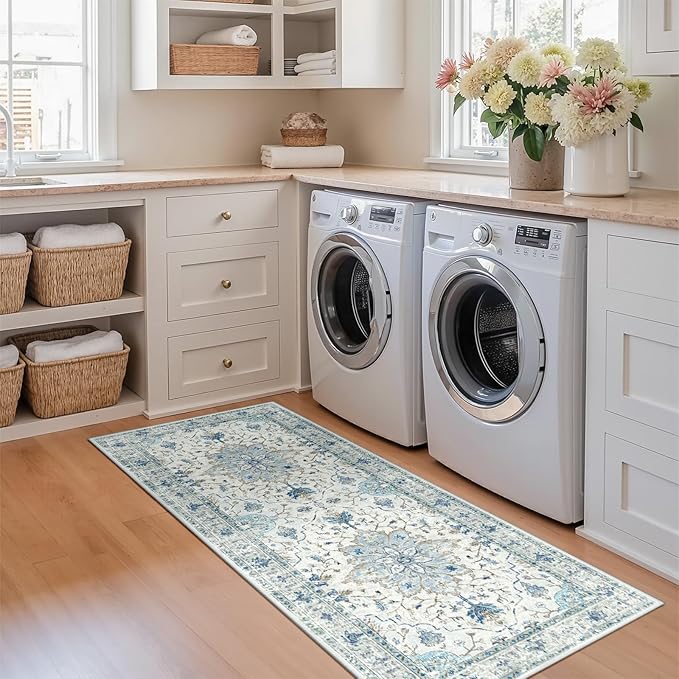 Area Rugs 2'x5' Washable Non-Slip, Floral Vintage Distress Print Pattern Medallion Carpet for Living Room Bedroom Dining Room, Light Blue Navy Beige Gray White