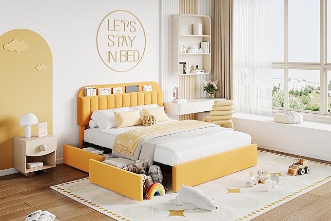 Jojoka Full Bed Frame with Storage Headboard and 2 Drawers, Boucle Upholstered Platform Bed, Modern Kids Full Bed Frames for Small Rooms, No Box Spring Needed, Easy Assembly, Yellow