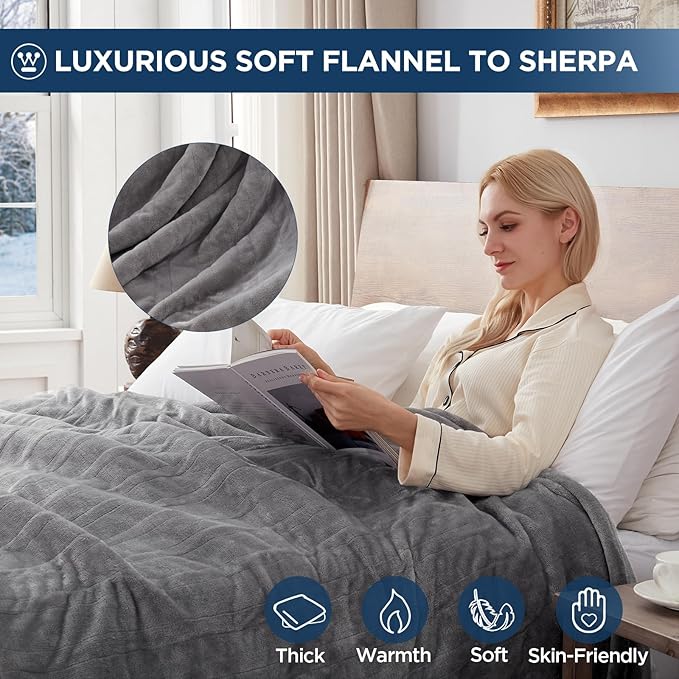 Westinghouse Electric Blanket Queen Size, Super Cozy Soft Flannel 84"" x 90"" Heated Blanket with 10 Fast Heating Levels & 1-12 Auto-Off, Machine Washable, ETL&FCC Certification, Light Grey