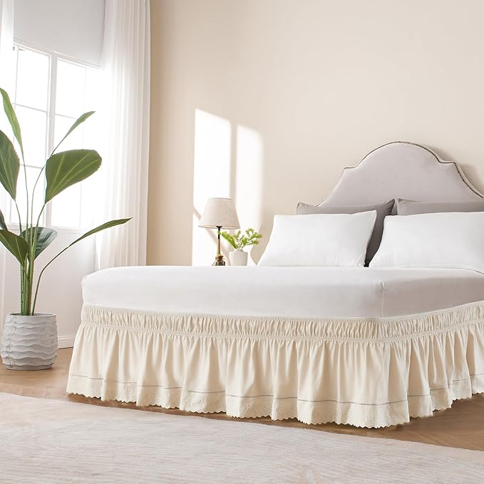 MIYE Wrap Around Ruffled Lace Bed Skirt, Elastic Dust Ruffle with Adjustable Belts, Easy to Put On, Bed Frame Cover, Machine Washable (Embroidered/Light Beige, King/Queen-12.5" Drop)