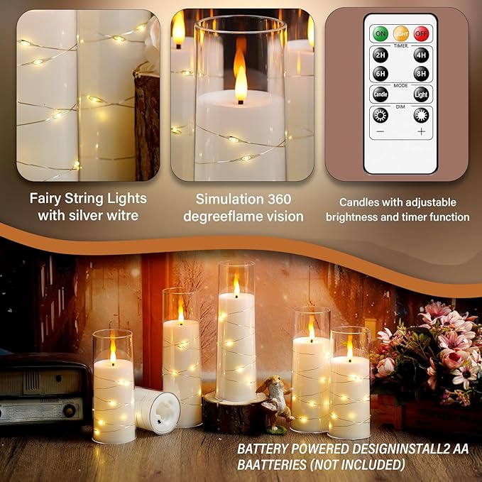 Flameless LED Candles with Timer 24 Pc Flickering Flameless Candles for Romantic Ambiance and Home Decoration Stable Acrylic Shell,with Embedded Star String，Battery Operated Candles（White）