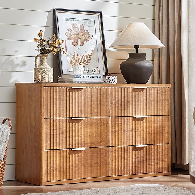 LEYAOYAO Fluted Dresser and 3 Drawers Nightstand Set of 2, Wood 48" Wide Dresser & 23" Night Stand with Charging Station, 3 Piece Bedroom Furniture Set, Chest of Drawers for Home,Living Room,Brown