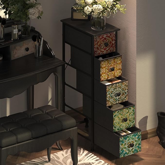 GiftGo Retro Skinny Dresser with Fabric Drawers Thin Slim Boho Mandala Flower Chest of Drawers Narrow Storage Tower for Small Spaces Gaps Bedroom Beautiful Nightstand Living Room Table