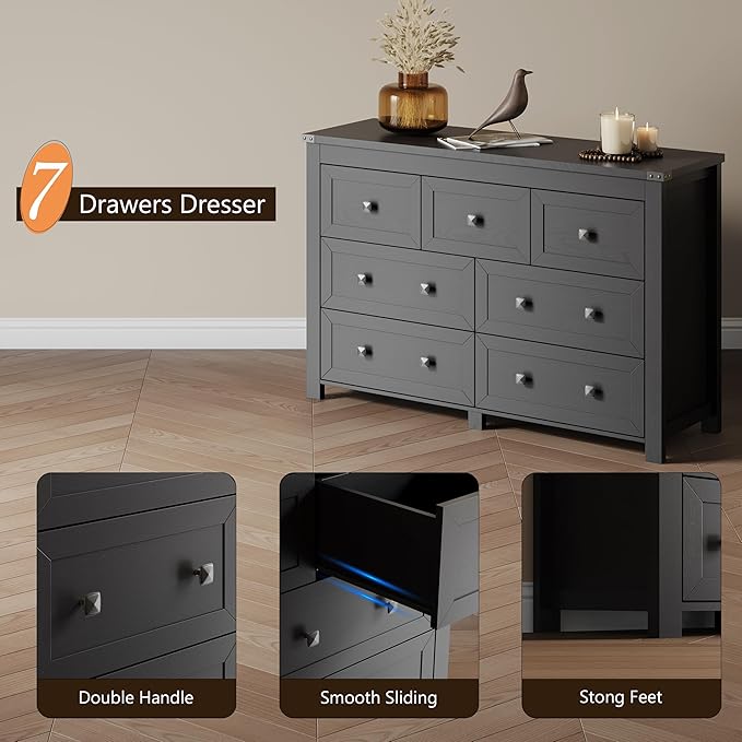 7 Drawer Dresser for Bedroom, Farmhouse Wood Chest of Drawers, Wide TV Stand Closet Storage Furniture with Metal Handle, Modern Wooden Clothes Organizer for Hallway, Living Room, Entryway, Black