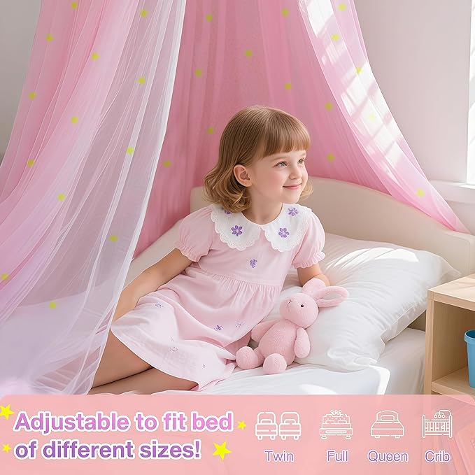 Pink Princess Bed Canopy for Girls with Glowing Stars, Canopy Bed Curtains for Twin, Full, and Queen Sizes; Ceiling Tent for Reading Nooks, Mosquito Net for Indoor Room Decor and Outdoor Use