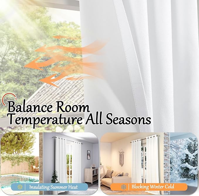 Short Blackout Curtains 54 Inch Length 2 Panels, Thermal Insulated Total Light Blocking Linen Window Curtains for Bedroom Basement Farmhouse Privacy Noise Reducing, Grommet, White, Each 52" Wide