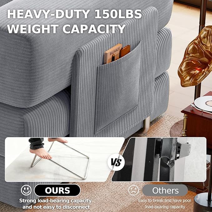 78.8" Convertible Futon Sofa Bed,Corduroy Futon Couch with Storage Pocket,Folding Pull Out Sofa,No Assembly Boneless Couch for Living Room,Grey