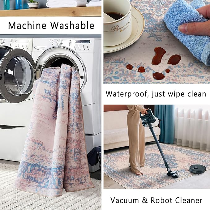 vivorug Runner Rug 2x10 Machine Washable Rug with Non-Slip Backing, Ideal for Kitchen Hallway Entryway Laundry Room - Vintage-Inspired, Durable, Easy Clean, Low Pile Carpet Runner, Pink