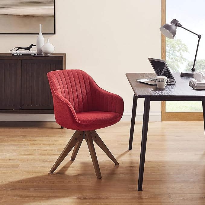 Zouron Mid Century Modern Accent Chair with Wooden Legs, Upholstered Swivel Chair No Wheels, Side Accent Armchair Vanity Chair for Small Space Home Office Living Room Bedroom, Red