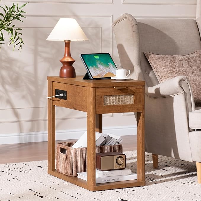 LEYAOYAO Narrow Side Table with Charging Station, 24x14''Rattan Night Stand with Drawer Storage, Brown Bedside End Table with Metel Handle for Small Spaces Wood Boho Nightstand for Living Room Bedroom