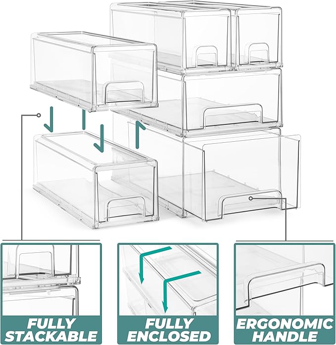 Sorbus Large Clear Stackable Storage Drawers – 6-Pack Plastic Organizer Bins with Handles – Stackable Pull-Out Storage Drawers for Closet, Pantry, Office, Bathroom, Craft, and Toy Organization