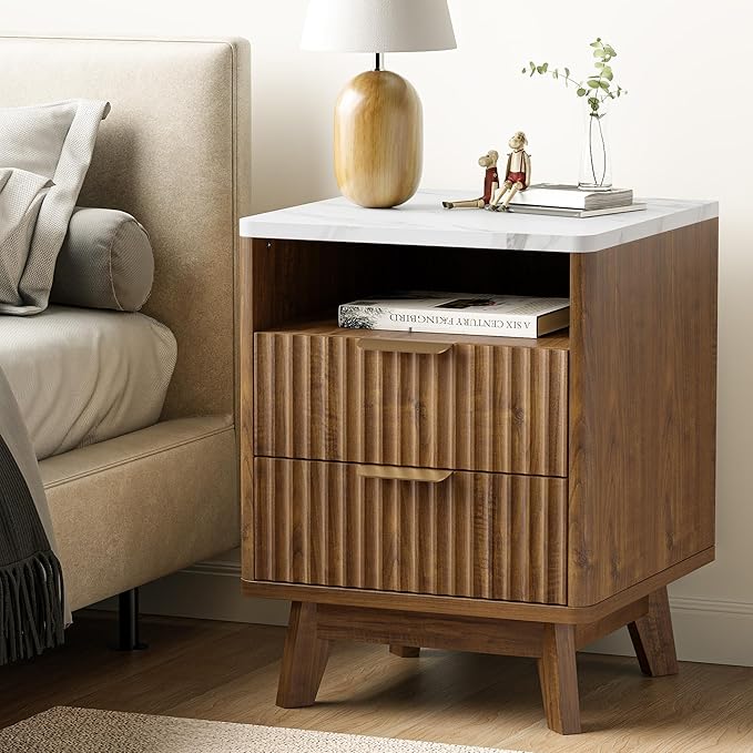 Fluted Nightstand with 2 Drawers, 18" Modern Night Stand with Faux Marble Top, Open Storage Shelf, Curved Edge Bedside Table for Bedroom, End Side Table (1, Walnut)