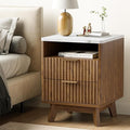 Fluted Nightstand with 2 Drawers, 18" Modern Night Stand with Faux Marble Top, Open Storage Shelf, Curved Edge Bedside Table for Bedroom, End Side Table (1, Walnut)