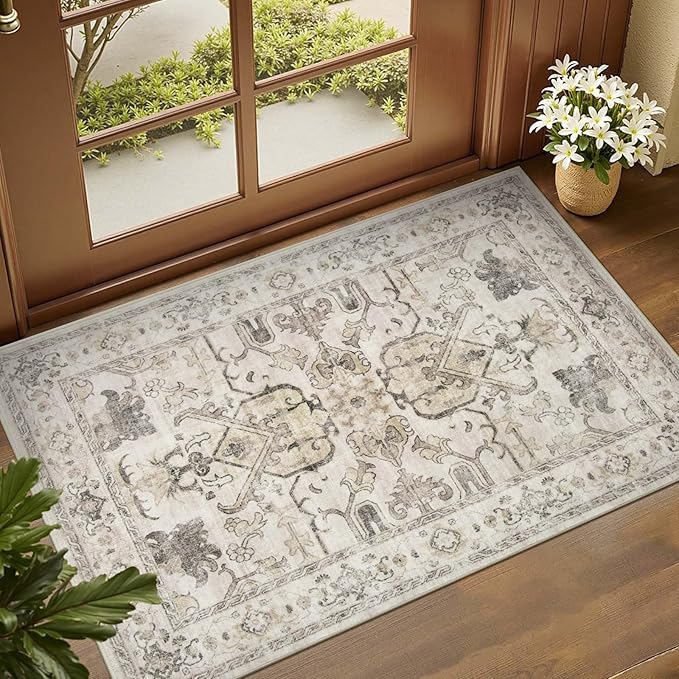 jinchan 2x3 Washable Rug for Entryway - Vintage Floral Ultra-Thin Low Pile Soft Small Non-Slip Distressed Indoor Doormat Accent Rug for Entrance Kitchen Bathroom Bedroom (2x3ft, Taupe)