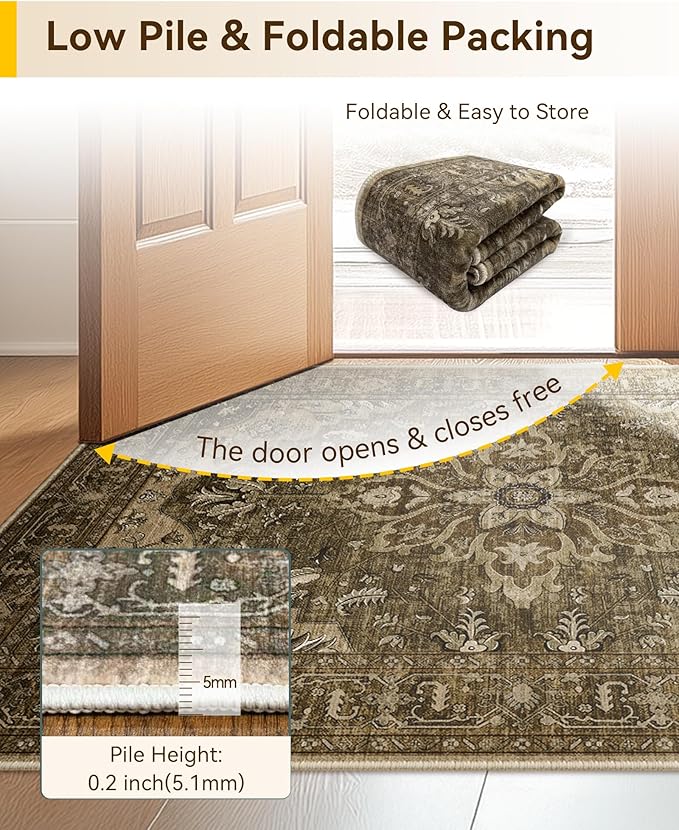 Area Rugs 2'x6' Washable Non-Slip, Floral Vintage Distress Print Pattern Medallion Carpet for Living Room Bedroom Dining Room, Brown Dark Brown