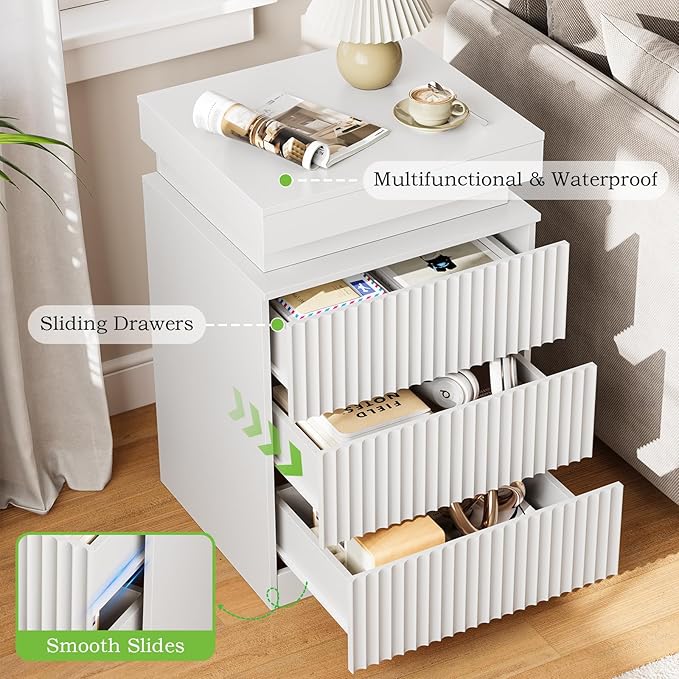 Nightstands Set of 2 with Charging Station & LED Lights, Modern Small Fluted Bedside & End Tables with 3 Drawers, Sliding Top & Hidden Storage, Wooden Farmhouse Night Stand for Bedroom Office,White