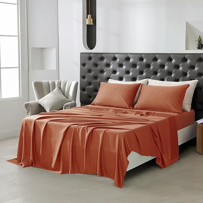 Linen World King Size 400TC Cooling Bed Sheet Set - 100% Organically Grown Viscose Sheets, Silky Soft & Breathable, Deep Pocket Fits Up to 16", 4-Piece Sheets with Pillowcases,Caremel