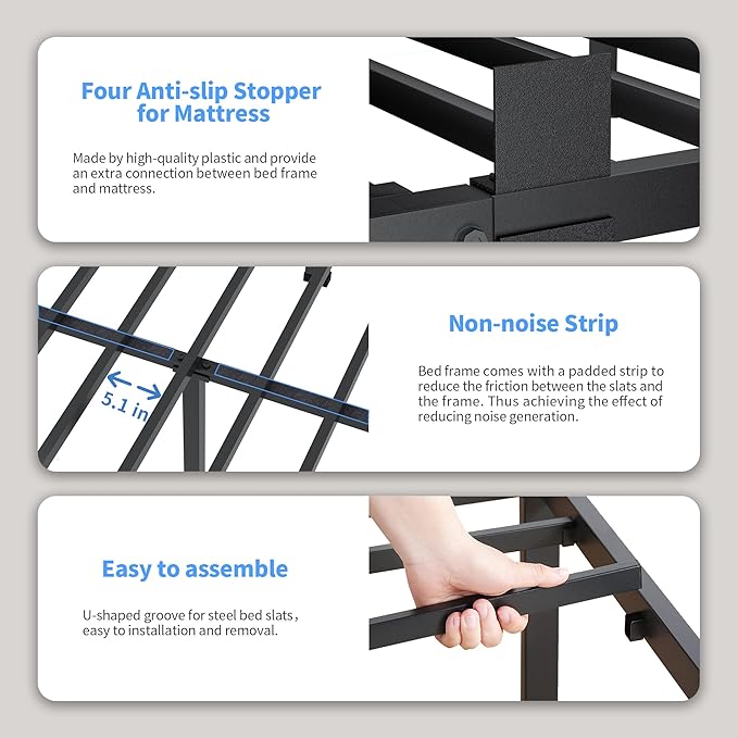 ROIL 10 Inch Full Size Bed Frame with Rounded Corner Low Profile Metal Platform 3500LBS Heavy Duty Steel Slats No Box Spring Needed Noise-Free Easy Assembly