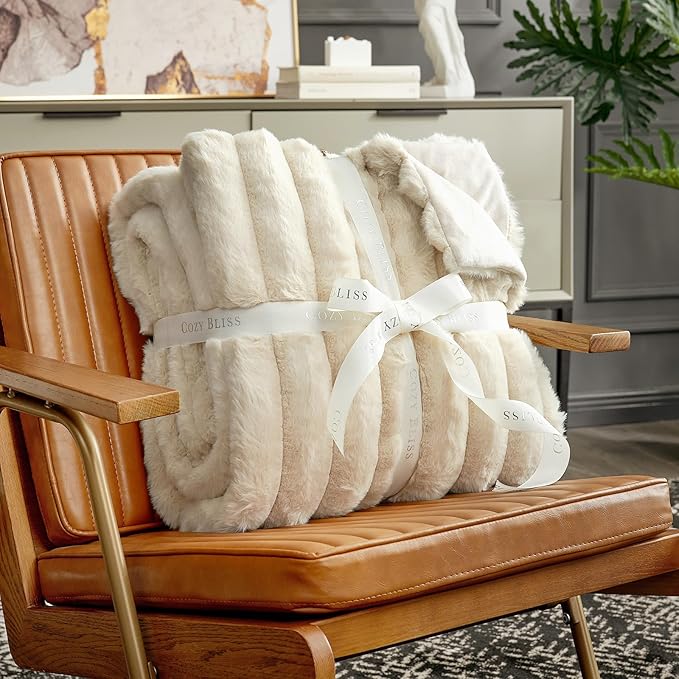 Cozy Bliss Faux Fur Throw Blanket for Couch, Cozy Warm Plush Striped Blanket for Sofa Bedroom Living Room, 50 * 60 Inches Beige