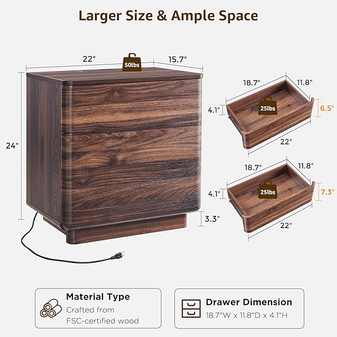 ACCOHOHO 22" Modern Nightstand Set of 2 with Charging Station, Push-to-Open Handleless 3-Drawer Bedside Table, Large End Table with Storage, Night Stand for Bedroom, Living Room, Curved Profile, Brown
