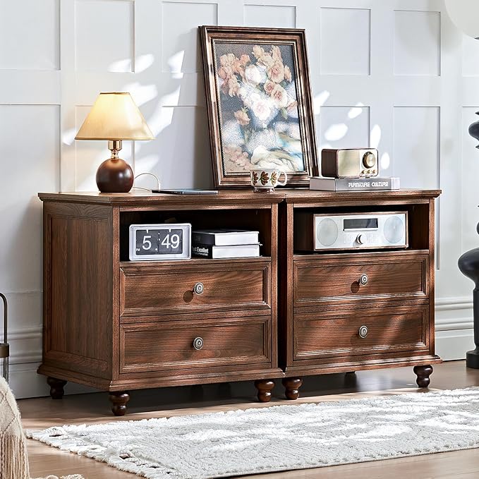 24" Wide Farmhouse Nightstand with Charging Station, End Table with 2 Drawers, Brown Wood Dresser for Bedroom Cabinet, Bed Side Table Chest of Drawers, Night Stand for Living Room, Closet
