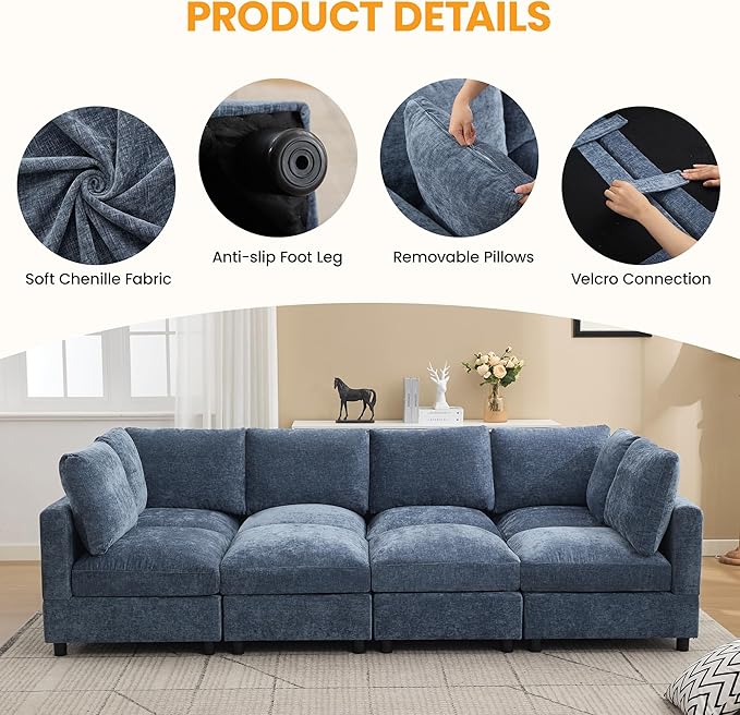 89'' Modular Sectional Cloud Sofa Bed, 6-Seater Convertible Sofa Couch with Ottoman, Modern Deep Seat Sleeper Sofa for Living Room, Chenille Blue