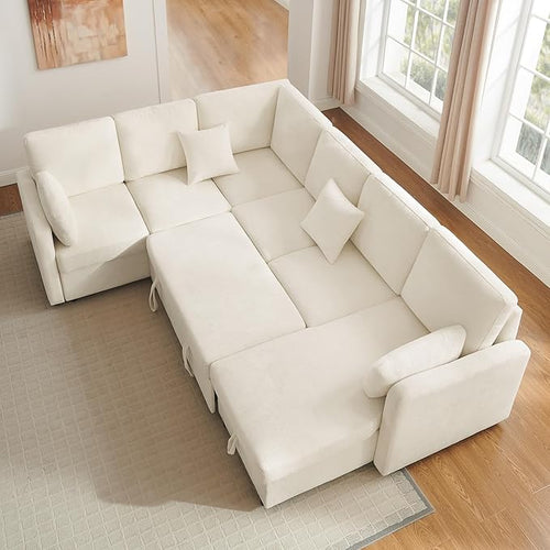 111'' Sectional Sleeper Sofa with Pull Out Bed, U Shaped 6 Seat Modular Couch with Storage Chaise, Modern Sectional Couch, Cloud Chenille Sofa Bed for Living Room Apartment, Beige